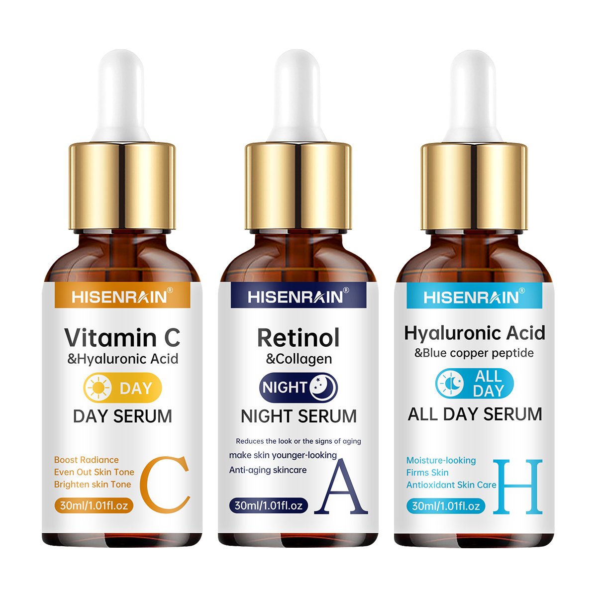 HISENRAIN Sérum Vitamine C + Rétinol + Acide Hyaluronique Duo |   Combo éclaircissant et hydratation anti-âge |   Pour tout type