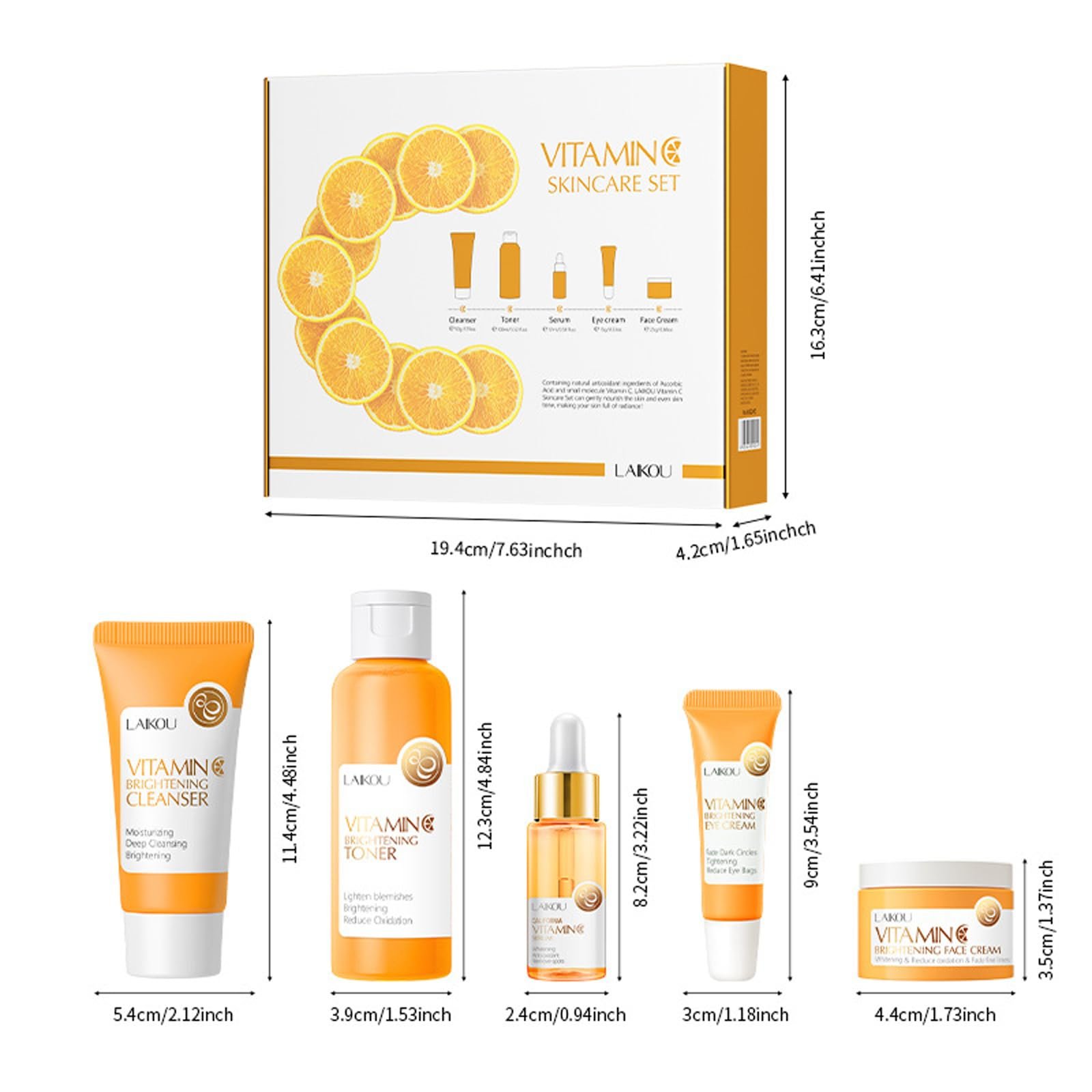 LAIKOU – ensemble de soins pour la peau à la vitamine C (5 pièces), nettoyant pour le visage en profondeur, crème hydratante, To
