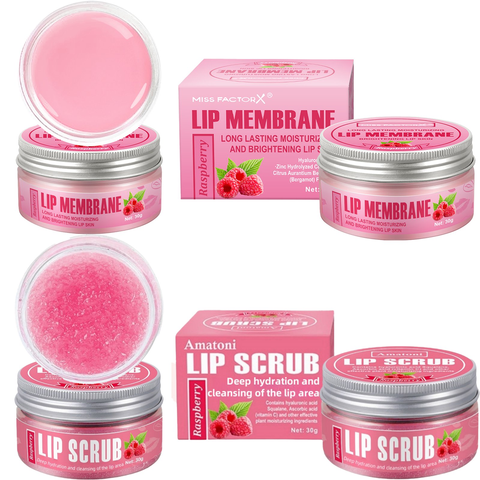 Ensemble de soins pour les lèvres, 2 pièces, gommage pour les lèvres aux framboises, 30g, nettoyage en profondeur, rouge à lèvre