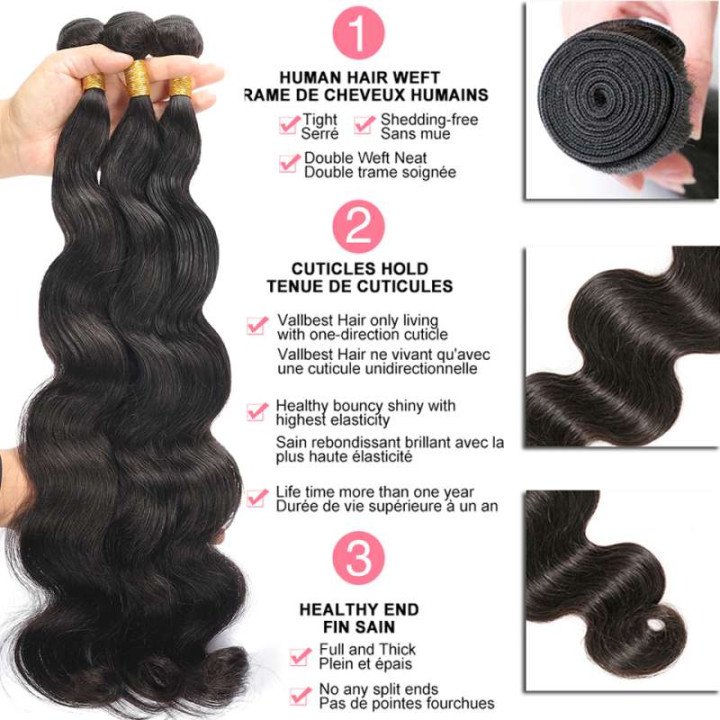 Extensions de Cheveux Brésiliens Body Wave 100% Naturels Noirs – Lots de 1/2/3/4 Pièces – Cheveux Vierges Non Traités