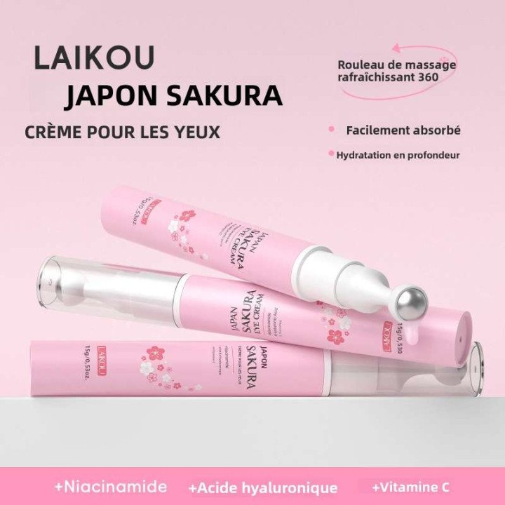 Crème pour les yeux japonaise Sakura, 15g, hydratante, raffermissante, élimination des cernes, rouleau de Massage à 360 degrés, 
