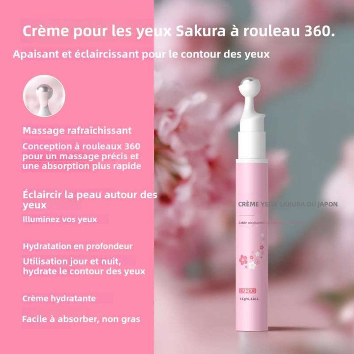Crème pour les yeux japonaise Sakura, 15g, hydratante, raffermissante, élimination des cernes, rouleau de Massage à 360 degrés, 