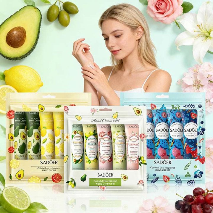 5 pièces/ensemble SADOER fruits plante parfum crème pour les mains ensembles hydratant réparation Anti sec lotion pour les mains