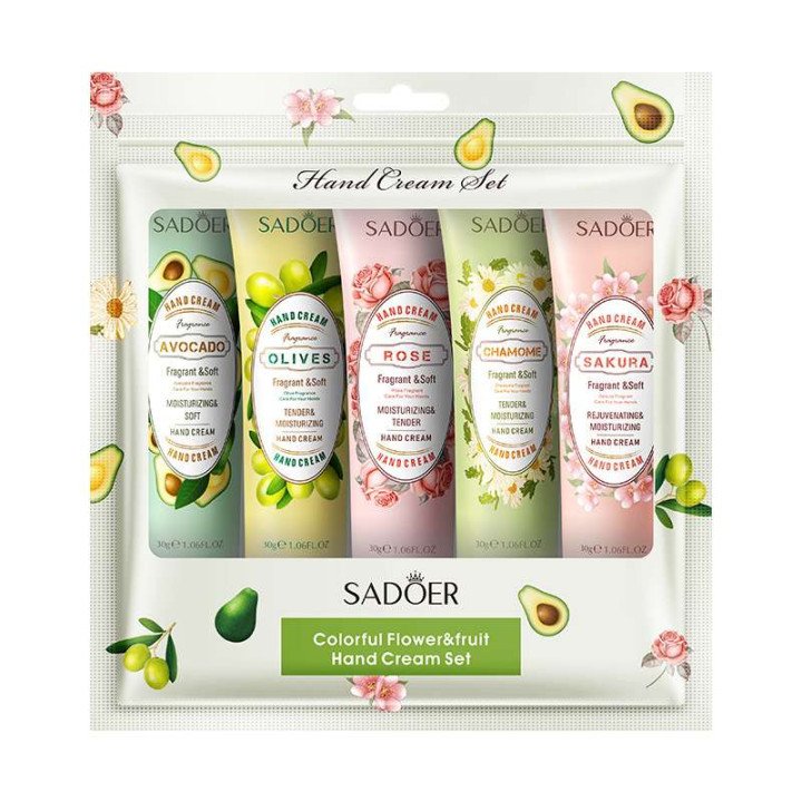 5 pièces/ensemble SADOER fruits plante parfum crème pour les mains ensembles hydratant réparation Anti sec lotion pour les mains