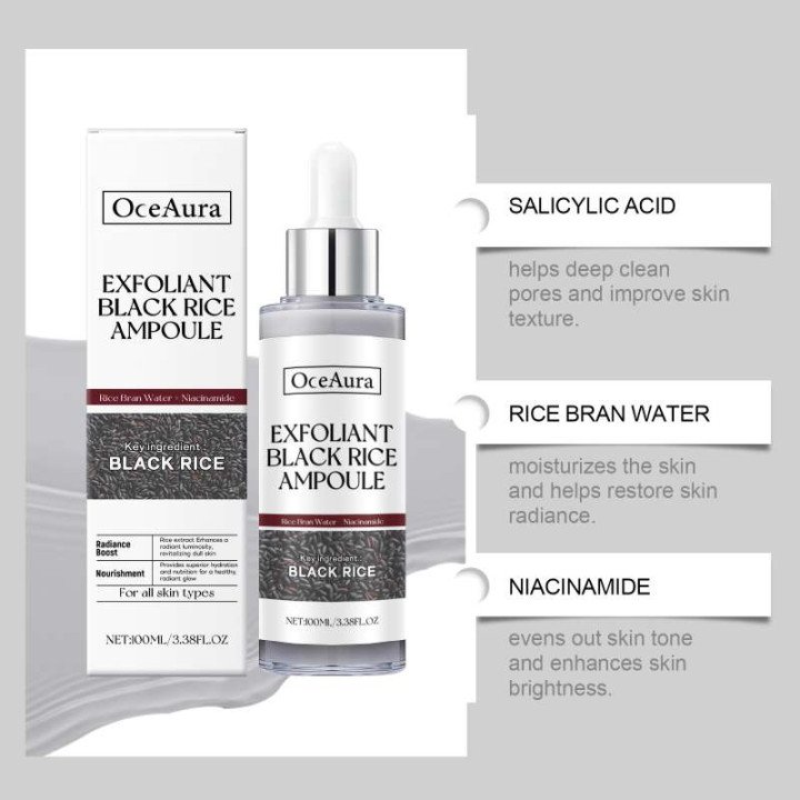 Essence exfoliante de riz noir et blanc, dissolvant de peau morte, réapprovisionnement brillant pour le visage, rétrécissement d