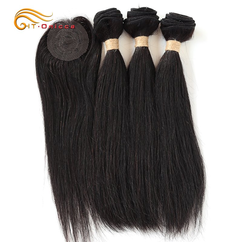Mèches brésiliennes Remy lisses 100% naturelles, couleur naturelle, avec Closure, faites à la Machine, courtes, lots de 3