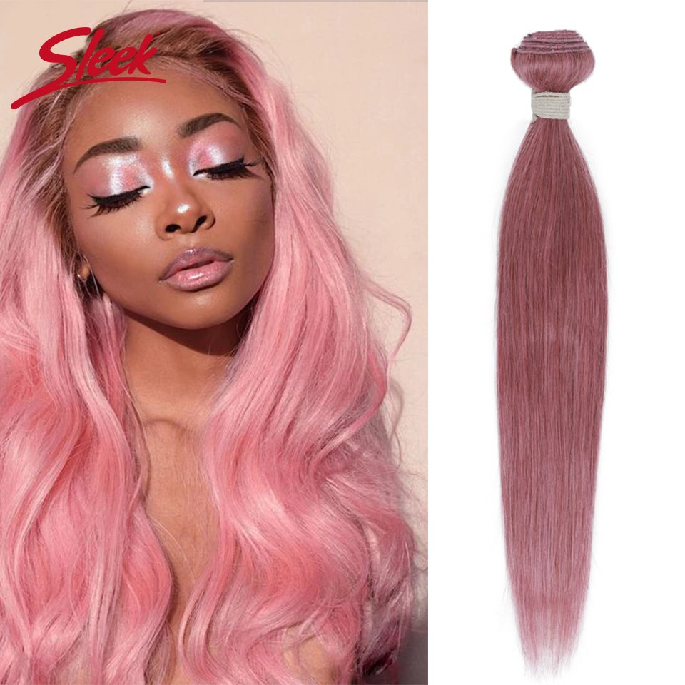 Mèches Brésiliennes Naturelles Remy Lisses et Soyeuses, Extensions de Cheveux Humains de Couleur Rose, pour Document Noir, Riche
